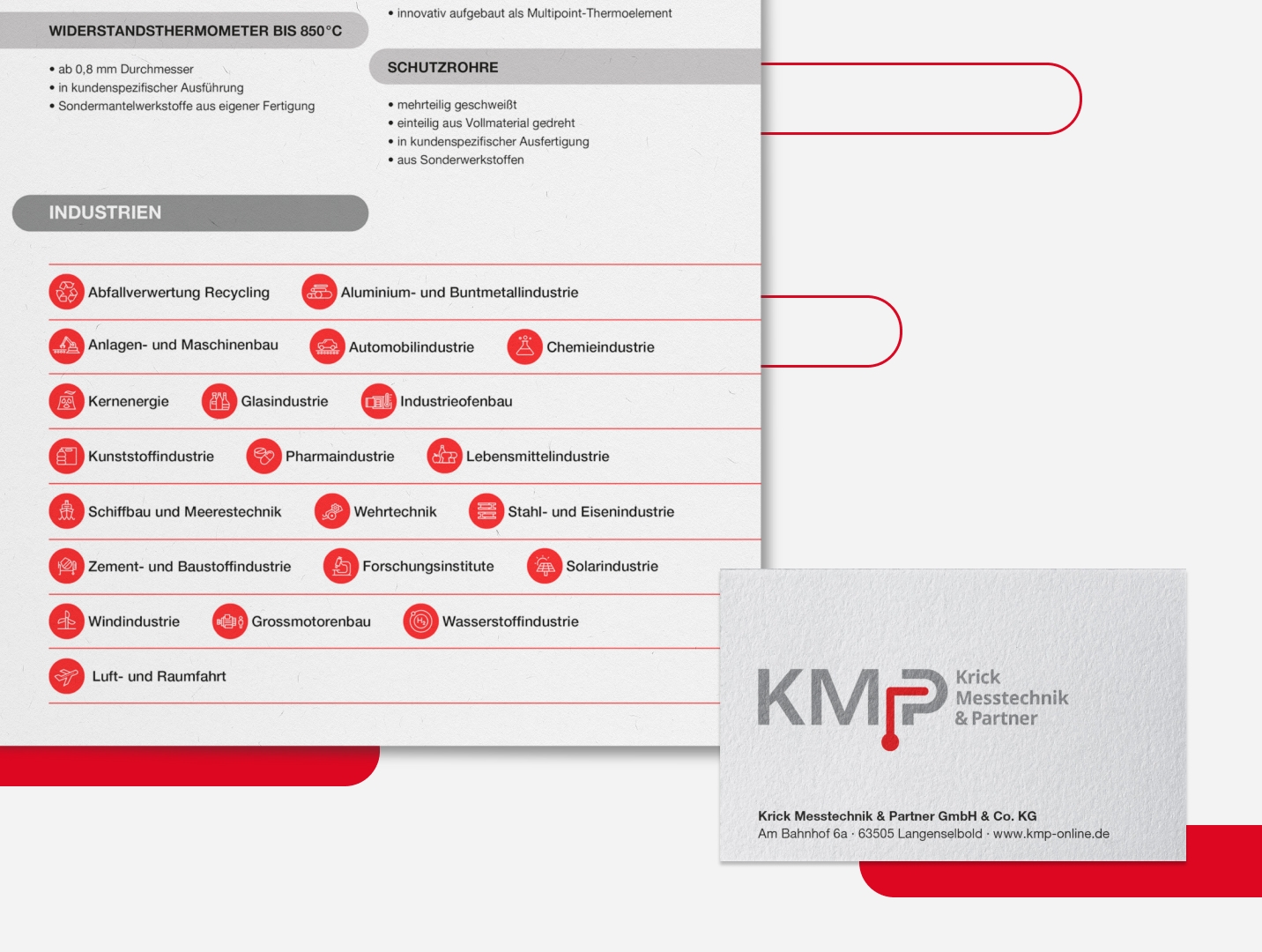 Ausschnitt eines Flyers mit Icons und Visitenkarte von KMP Krick Messtechnik & Partner